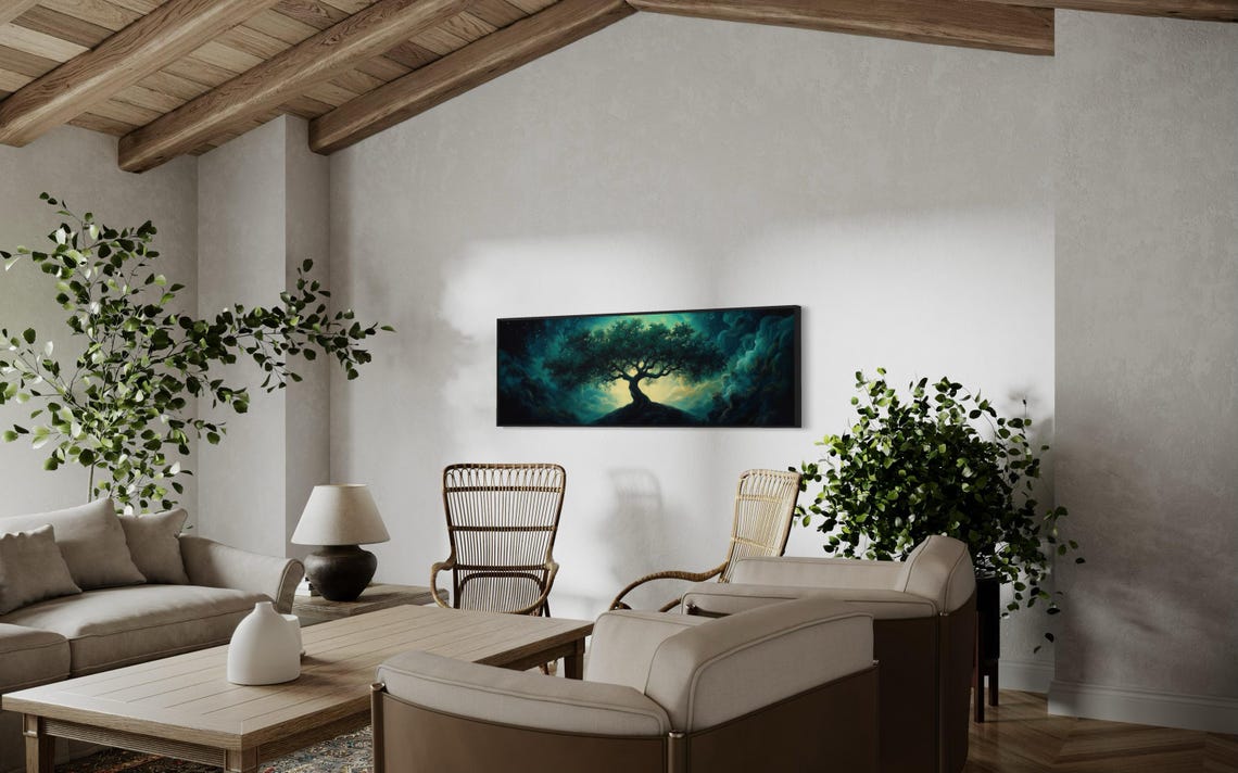 Glowing Tree Of Life Starry Night Teal Panoramic Mystical Poster - Image 3