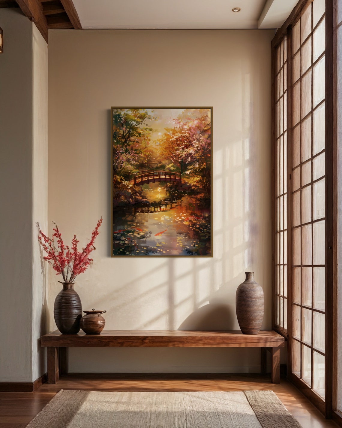 Japanese Zen Garden Koi Pond Wooden Bridge Autumn Light Poster - Image 3