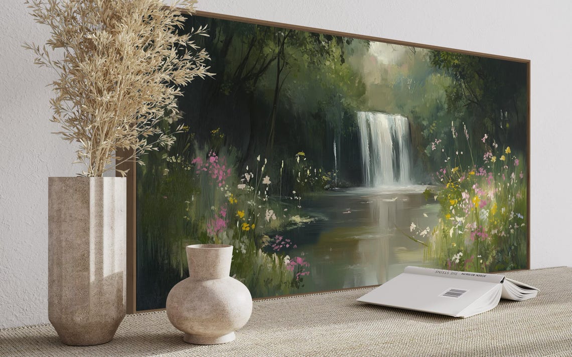 Moody Waterfall Lush Rainforest Wildflowers Calm River Poster - Image 4