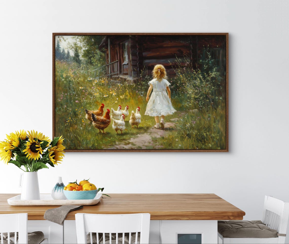 Rustic Farmhouse Wall Art Cottagecore Countryside Print With Little Girl Art Chickens And Wildflowers Perfect For Cozy Country Living - Image 3