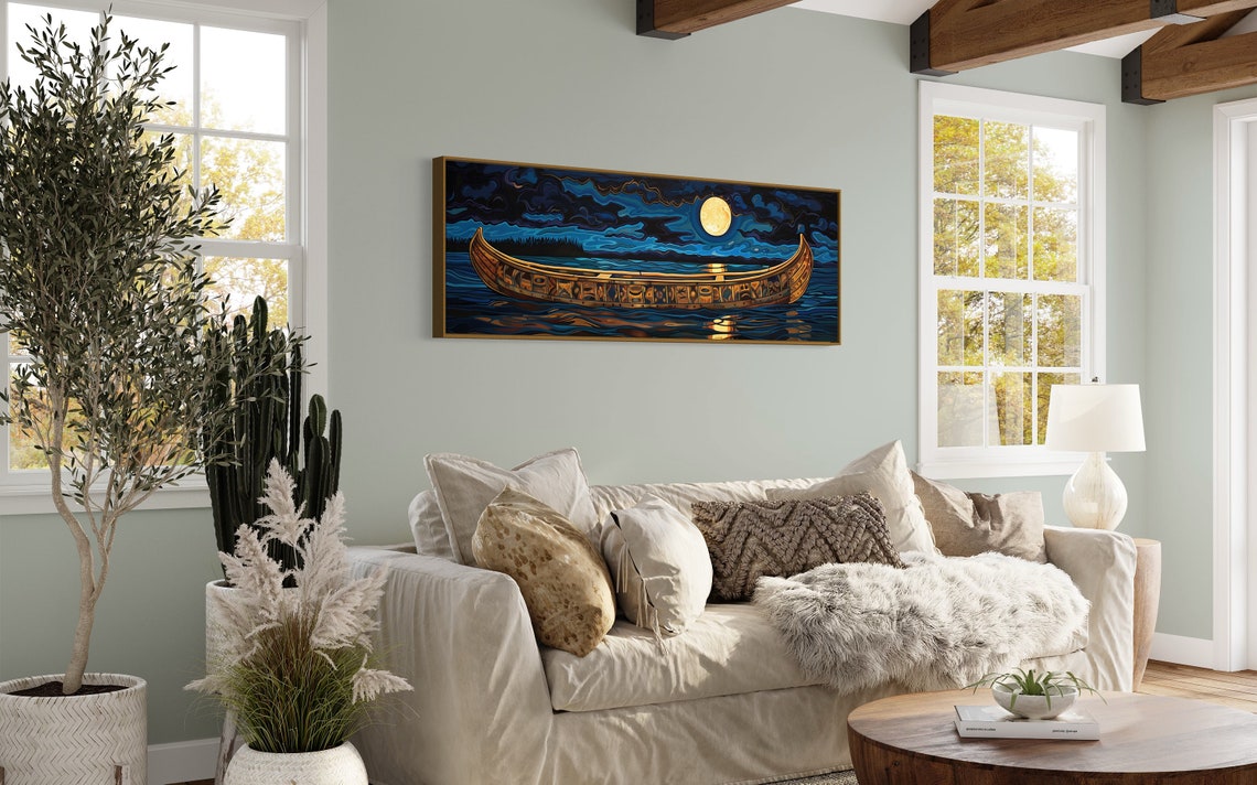 Moonlit Canoe Golden Moon Night Lake Rustic Panoramic Poster - Image 5