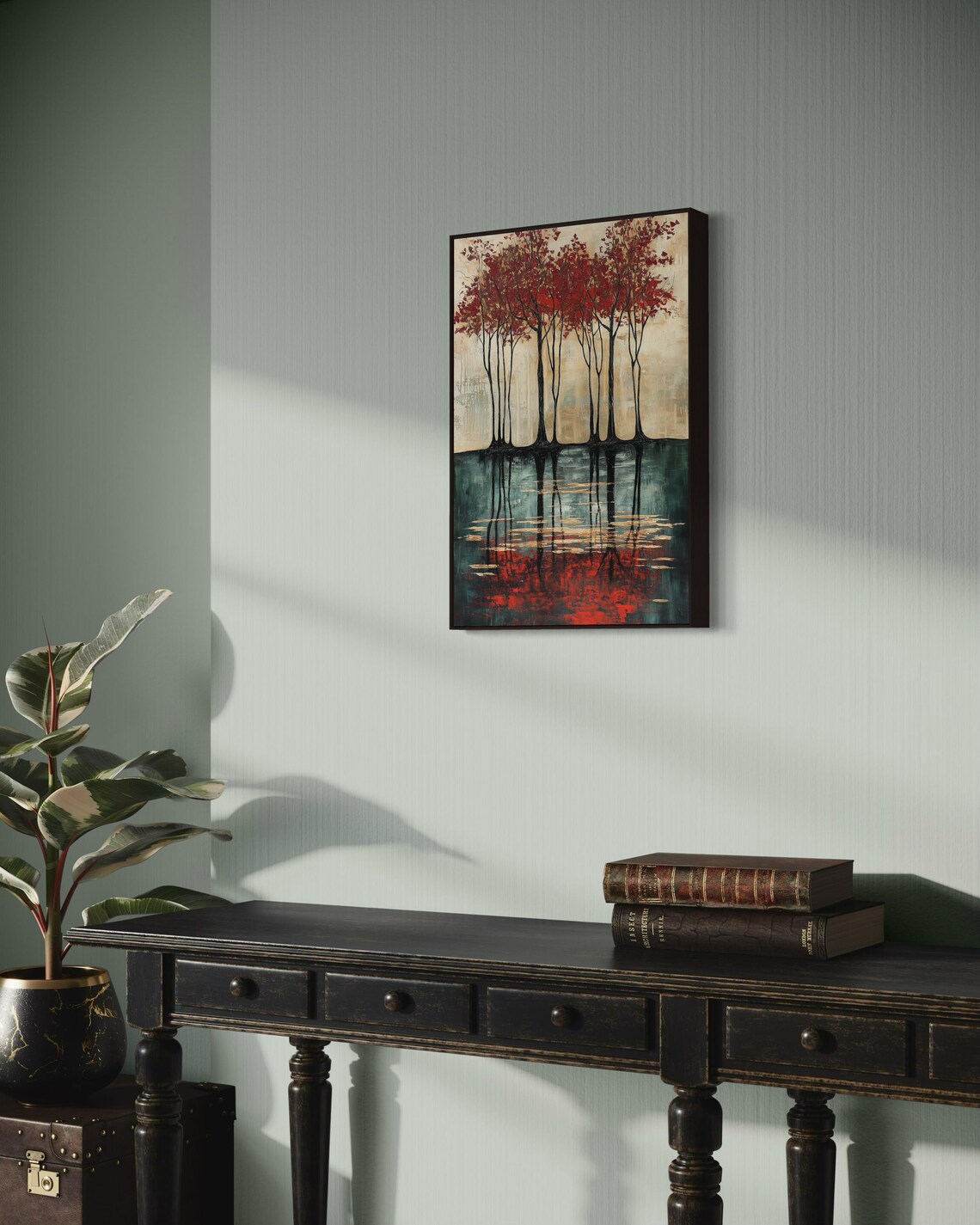 Modern Red Tree Wall Art Abstract Forest Scene Print With Reflection And Vivid Colors Elegant Autumnal Decor For Luxury Home Spaces - Image 2