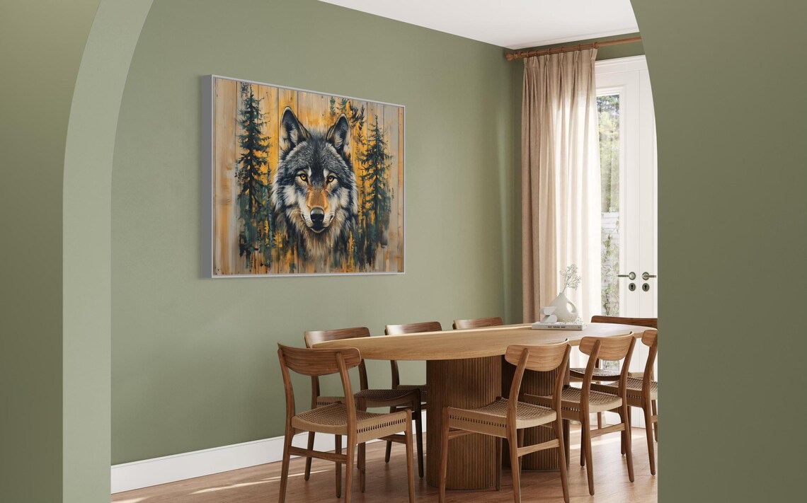 Bold Wolf Face Golden Forest Wooden Plank Wilderness Wildlife Rustic Wall Poster - Image 4