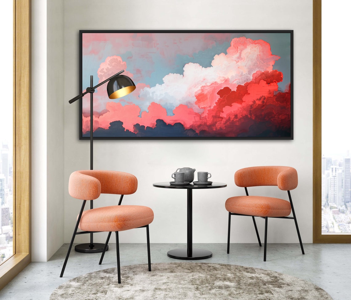 Dramatic Pink Red Cloudscape Moody Sky Painting Panoramic Wall Art - Image 5