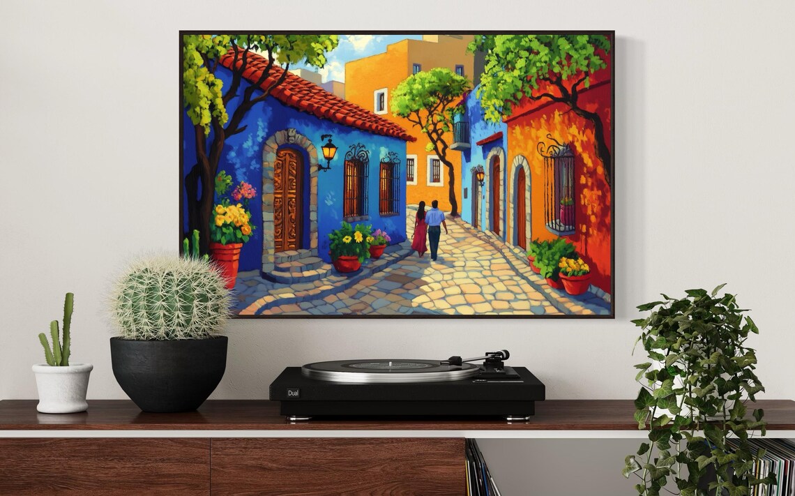 Colorful Mexican Street Old Town Couple Cobblestone Alley Poster - Image 3
