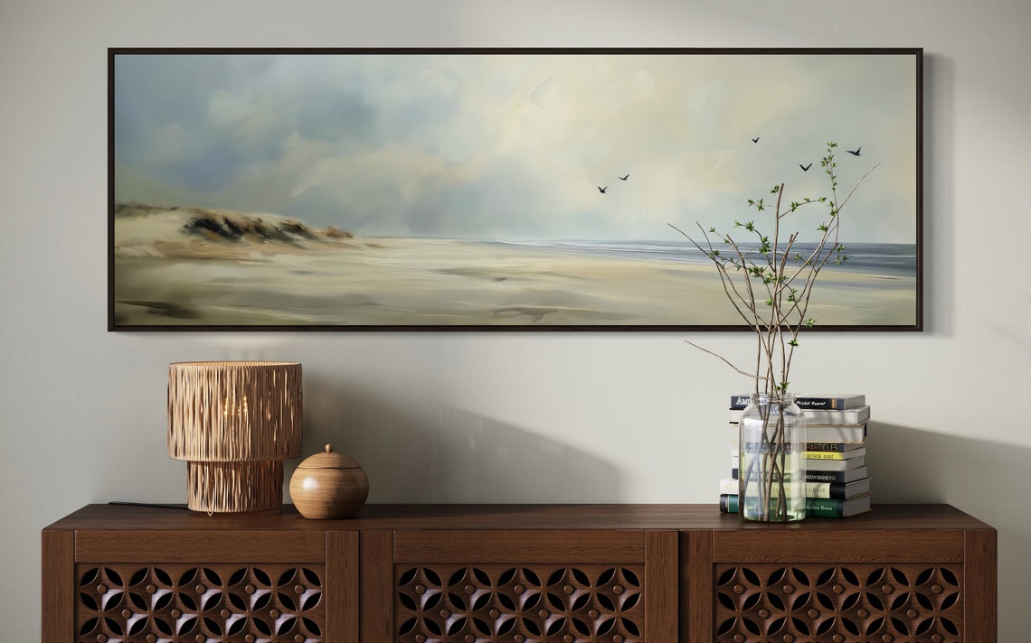 Serene Misty Beach Seascape With Seagulls Panoramic Wall Art Print