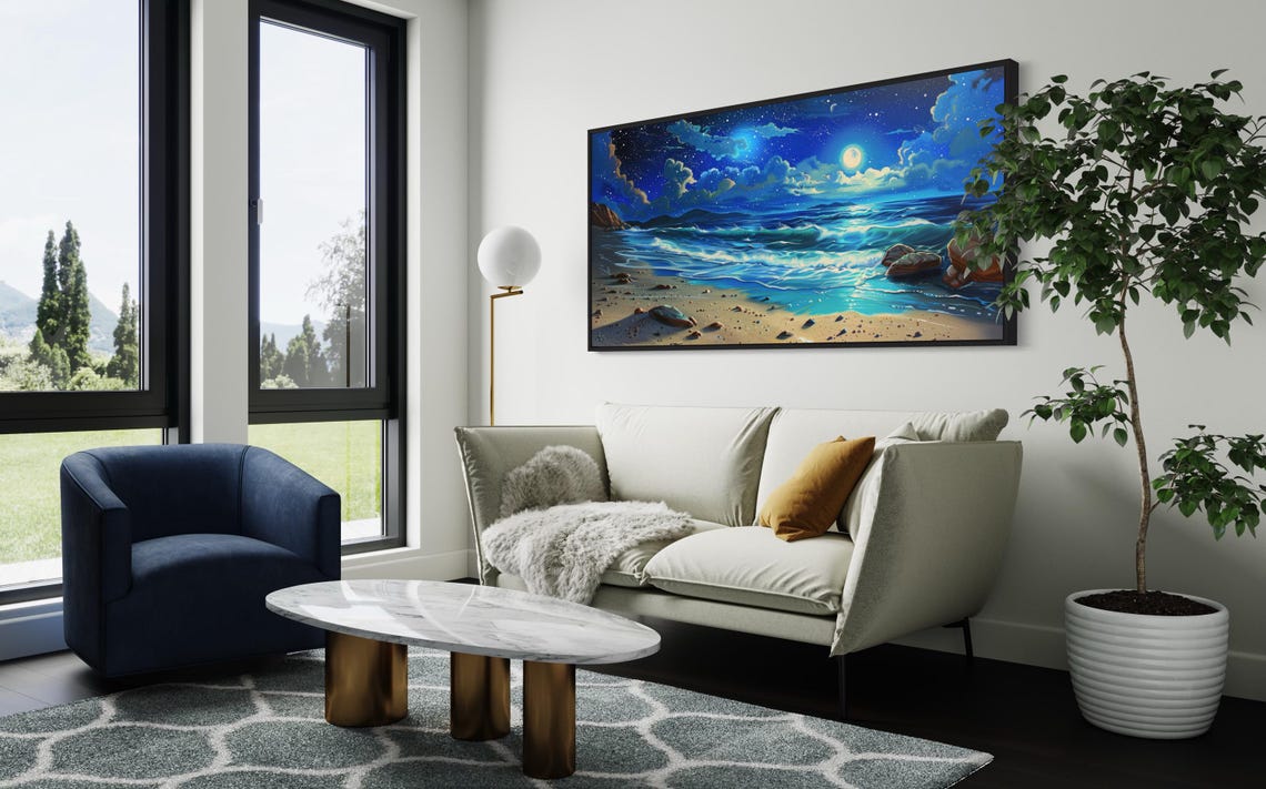 Luxury Moonlit Beach Starry Night Waves Sandy Shore Painting Poster - Image 4