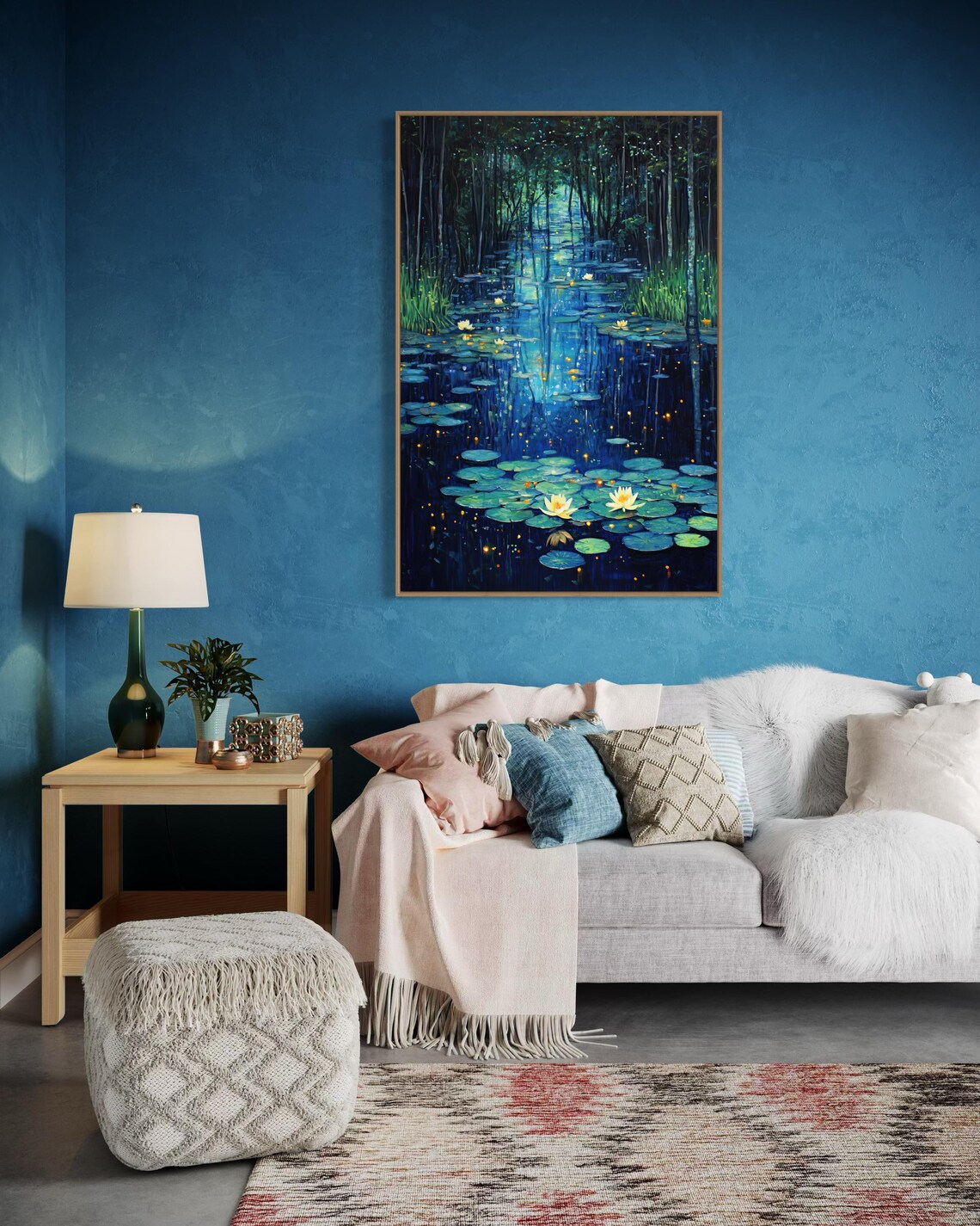 Moonlit Pond with Water Lilies and Fireflies Art Print - Image 4