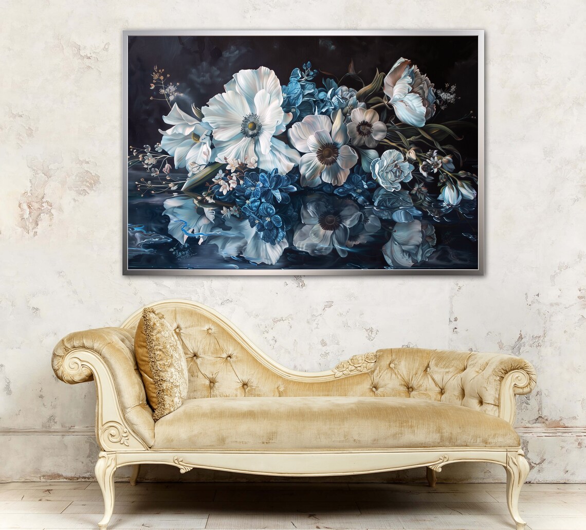 White Blue Wildflowers Dark Floral Still Life Botanical Art Poster - Image 5