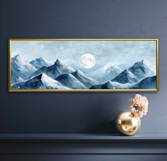 Geometric Mountains Panorama Modern Abstract Nature Art For Above Bed Decor Snowy Mountain Art And Moonlight Painting Print