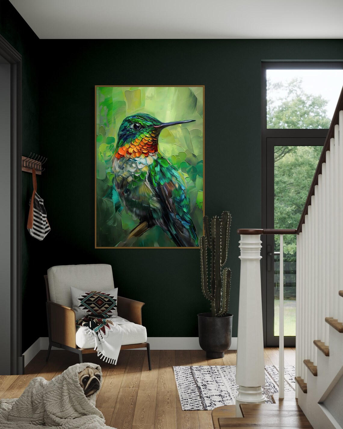 Colorful Hummingbird Oil Painting Green Impasto Bird Art Print - Image 3