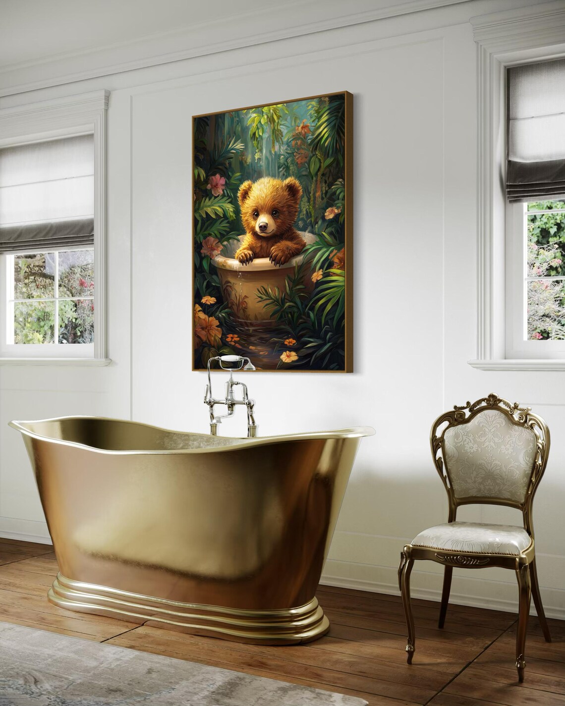 Baby Bear Cub Bath Time Tropical Jungle Flowers Whimsical Nursery Print - Image 4