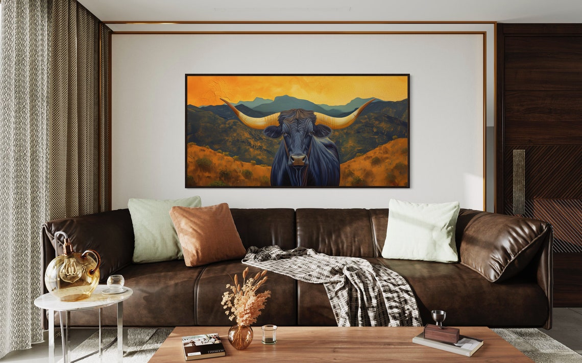 Texas Longhorn Cow Golden Sunset Mountain Southwest Ranch Art Poster - Image 4