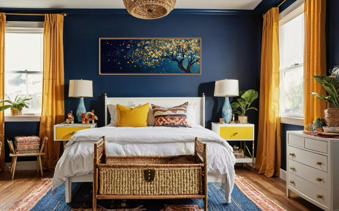 Blossom Golden Tree Art Moody Panoramic Print With White Blossoms On Dark Blue Background Perfect For Above Couch Decor - Image 3
