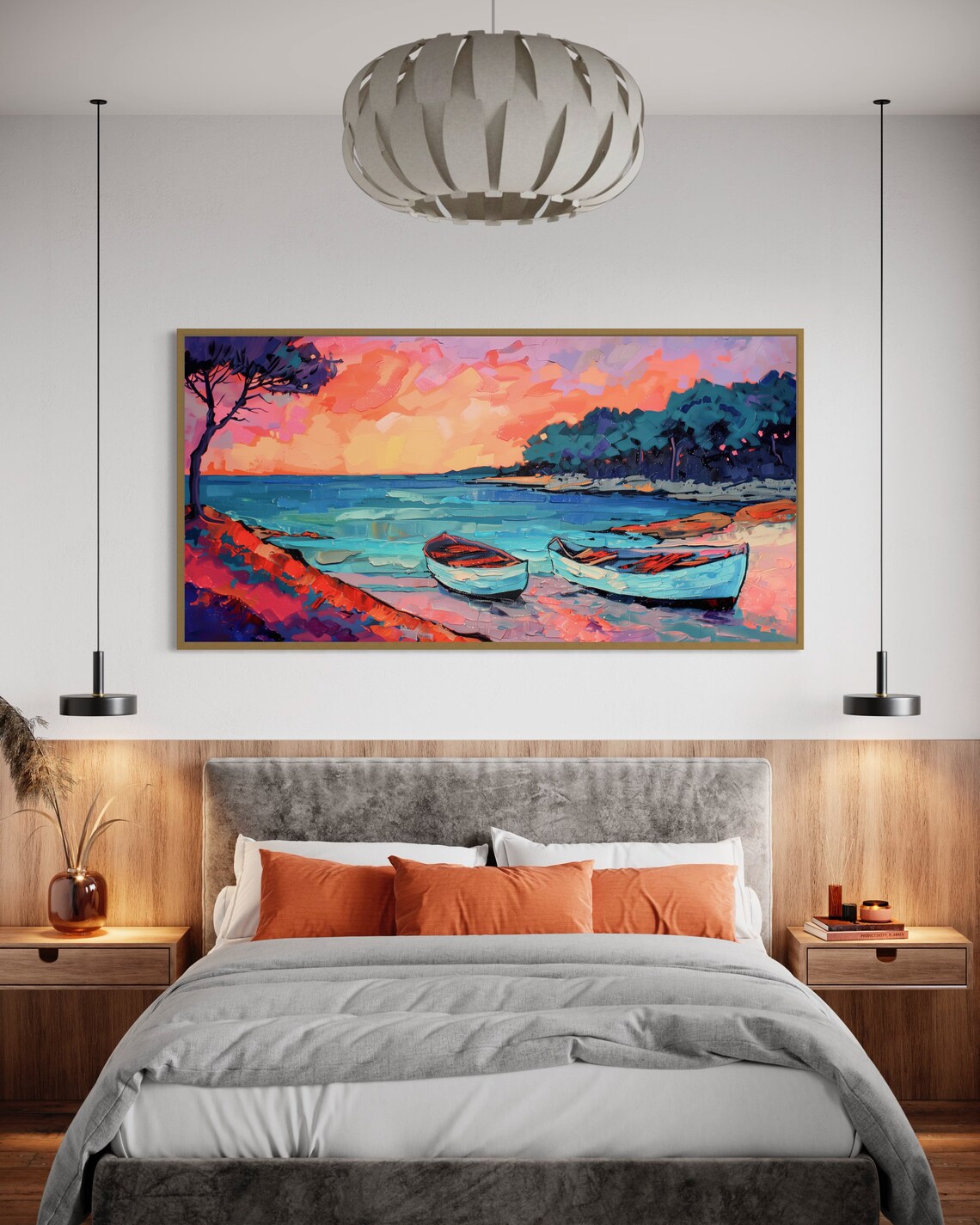 Sunset Boats Colorful Shore Fauvist Pink Sky Vibrant Coastal Poster - Image 3
