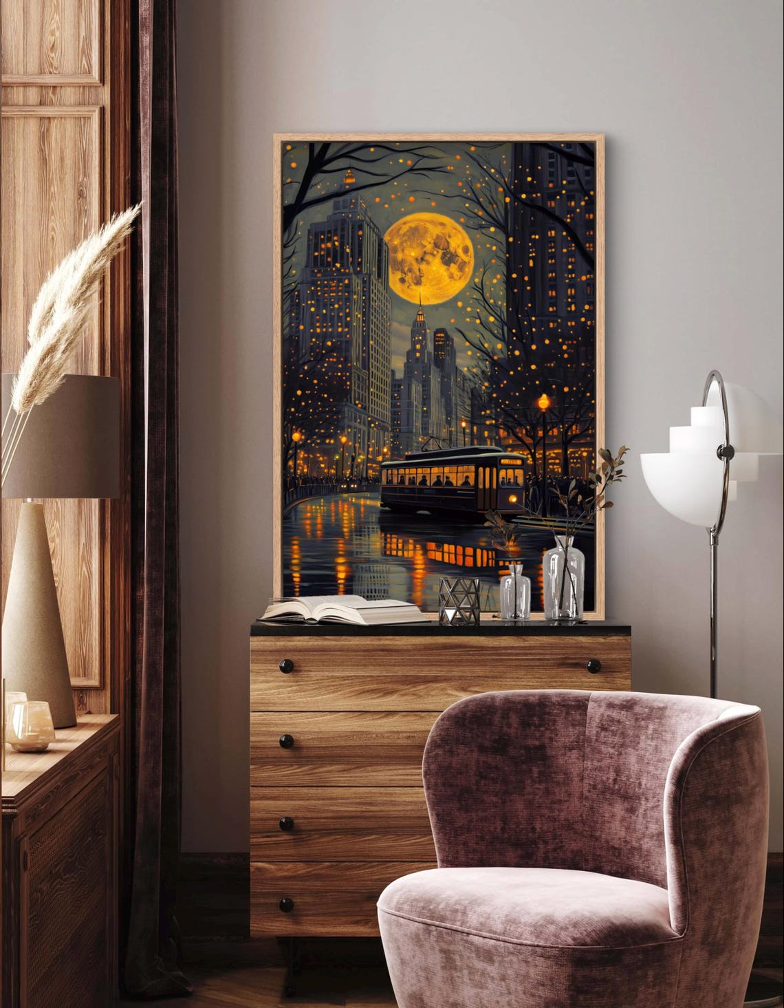 Night Cityscape Full Moon Rainy Tram Street Golden Lights Poster - Image 4