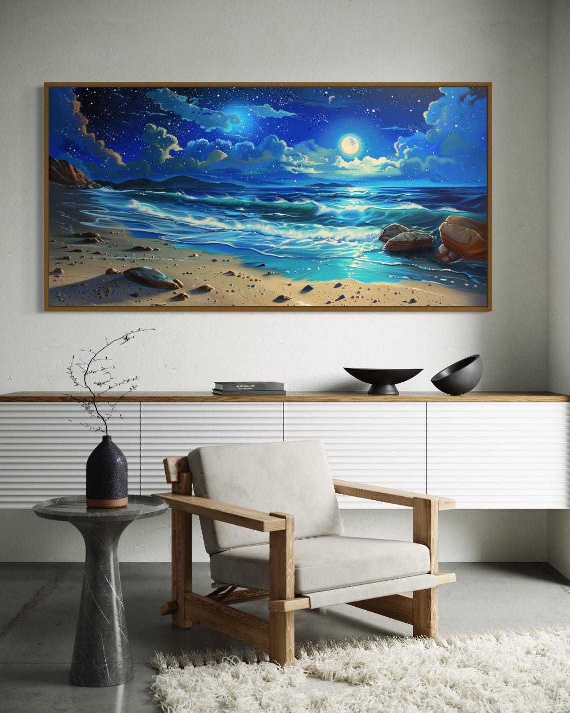 Luxury Moonlit Beach Starry Night Waves Sandy Shore Painting Poster - Image 3