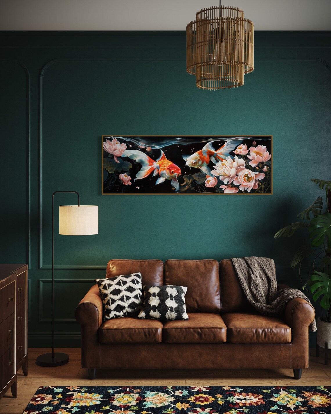 Colorful Koi Fish And Peonies Collage Panoramic Underwater Print Vibrant Fish Artwork On Black Background Narrow Wall Art - Image 3