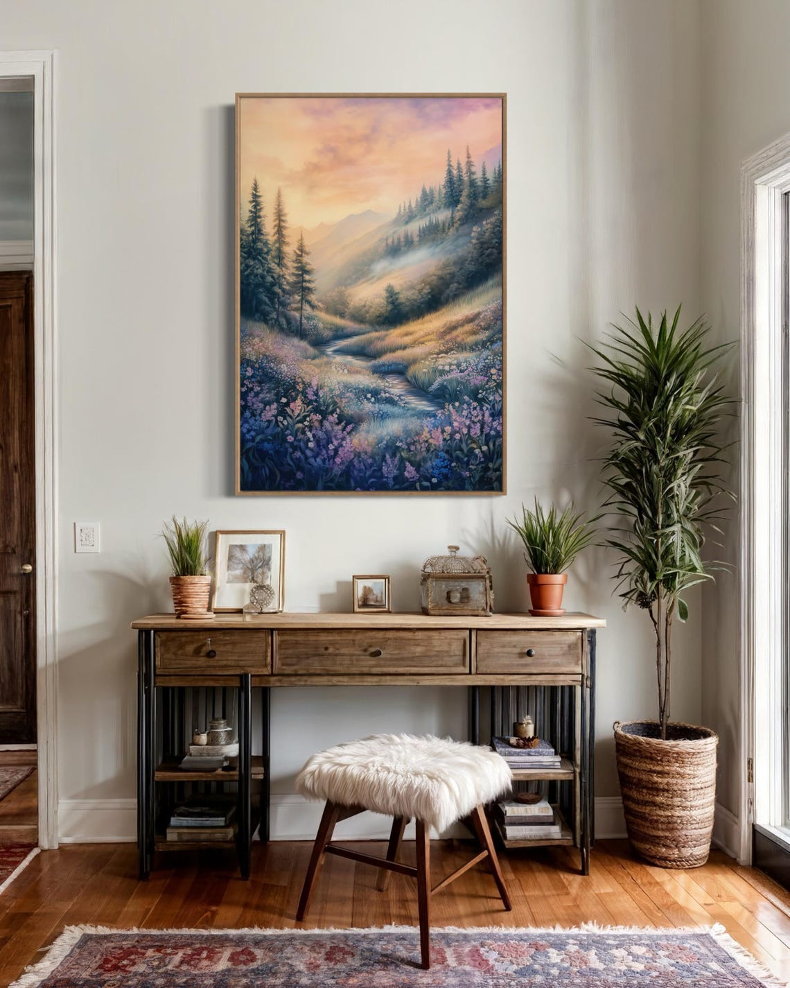 Mountain Valley Sunrise Wildflower Stream Serene Scenic Nature Poster - Image 3