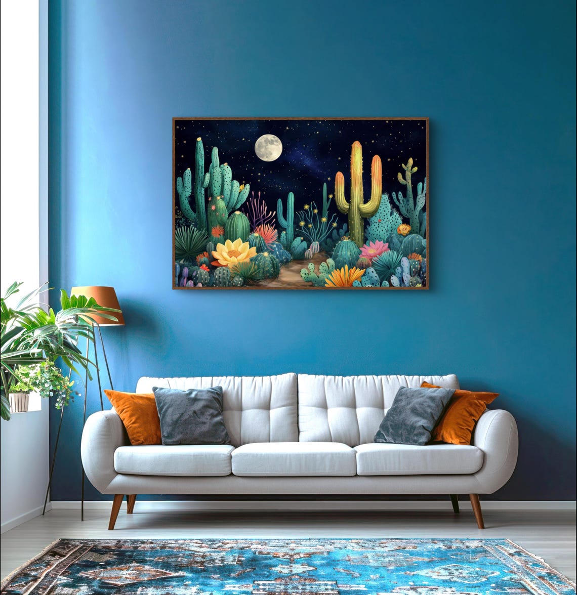 Vibrant Southwest Cactus Garden Moonlit Starry Night Sky Art Print - Image 3