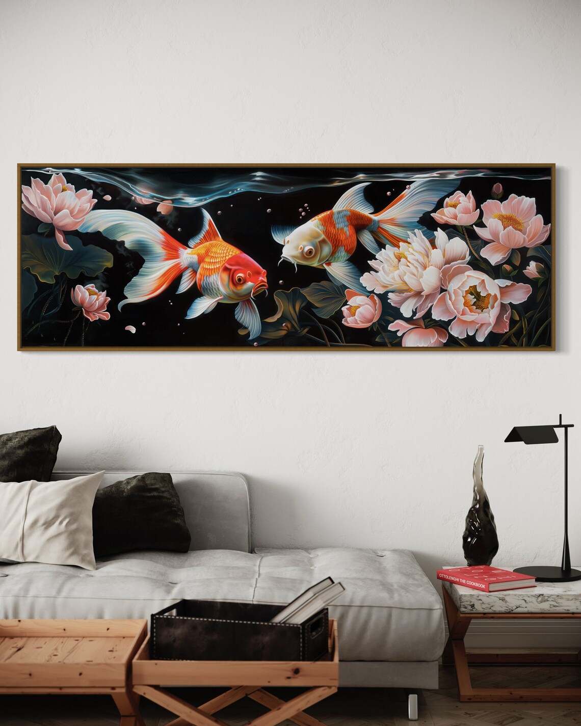 Colorful Koi Fish And Peonies Collage Panoramic Underwater Print Vibrant Fish Artwork On Black Background Narrow Wall Art - Image 2