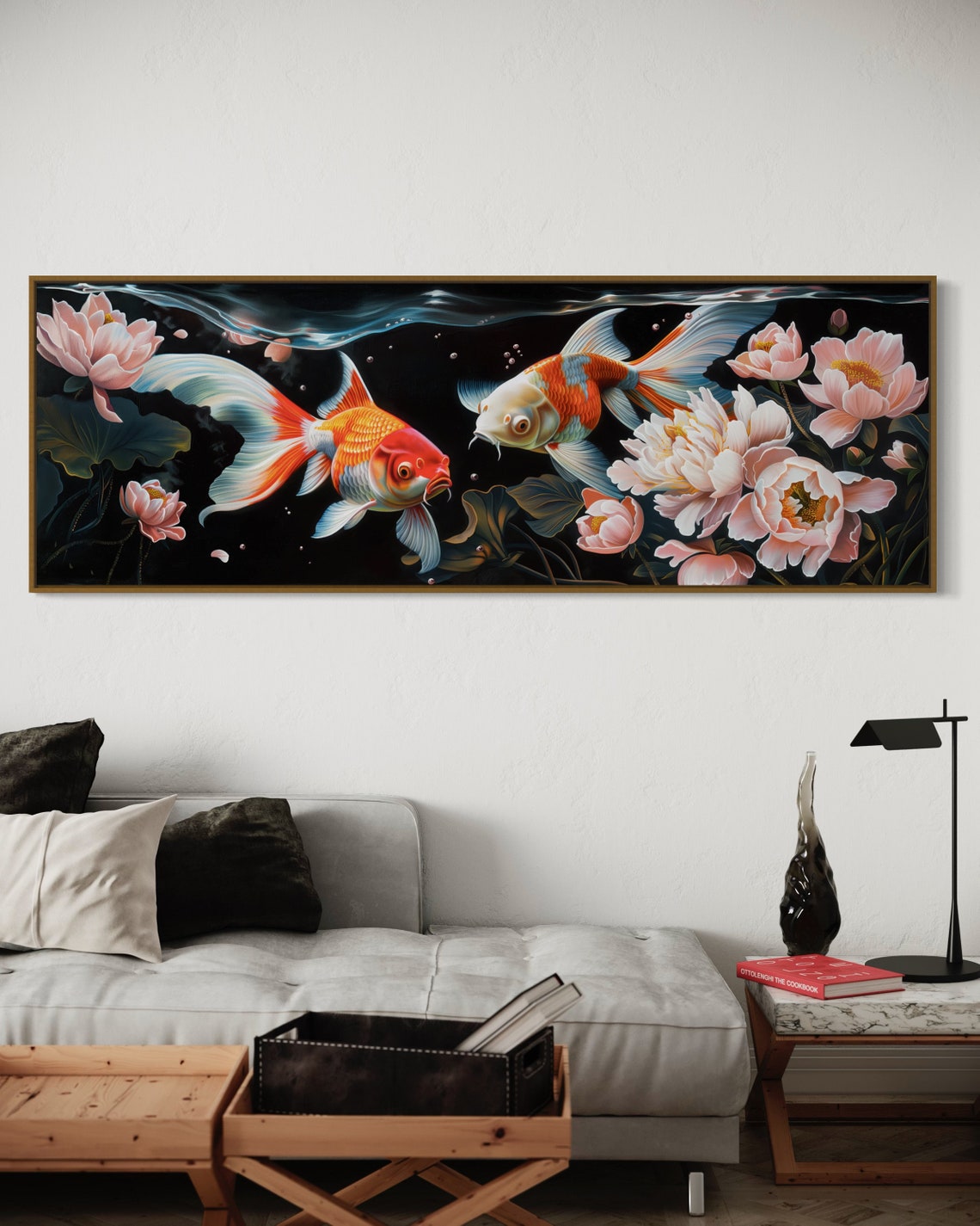 Colorful Koi Fish And Peonies Panoramic Underwater Art Poster - Image 2