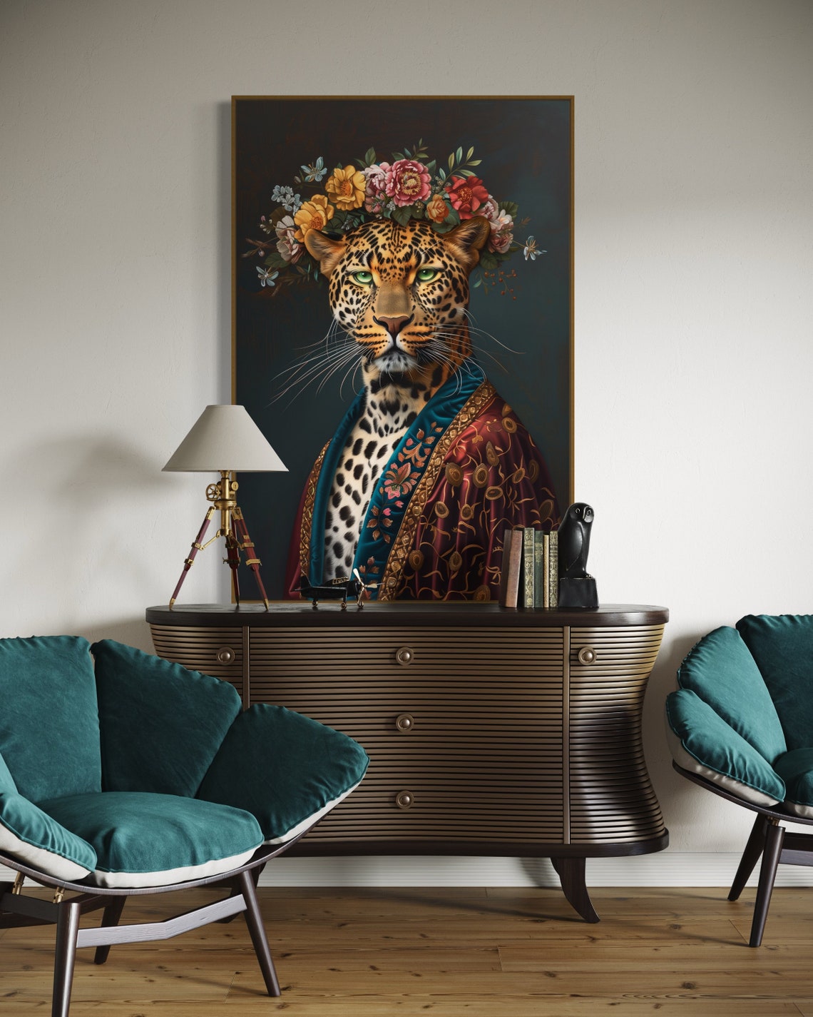 Regal Leopard Flower Crown Royal Portrait Victorian Style Art Print - Image 3