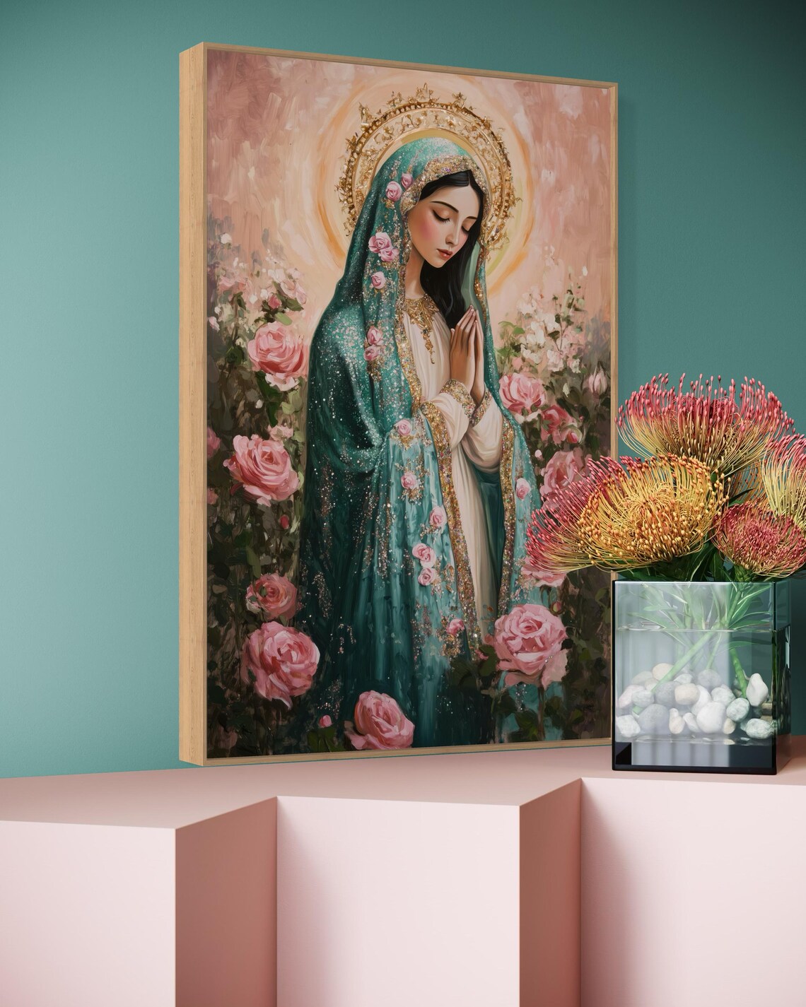 Virgin Mary Catholic Print Gold Halo Roses Faithful Devotional Poster - Image 3
