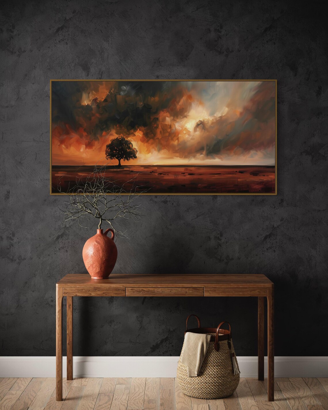 Tranquil Sunset Over Lone Tree Moody Panoramic Landscape Print For Rustic Home Decor Atmospheric Art For Above Bed And Hallway Wall Decor - Image 4