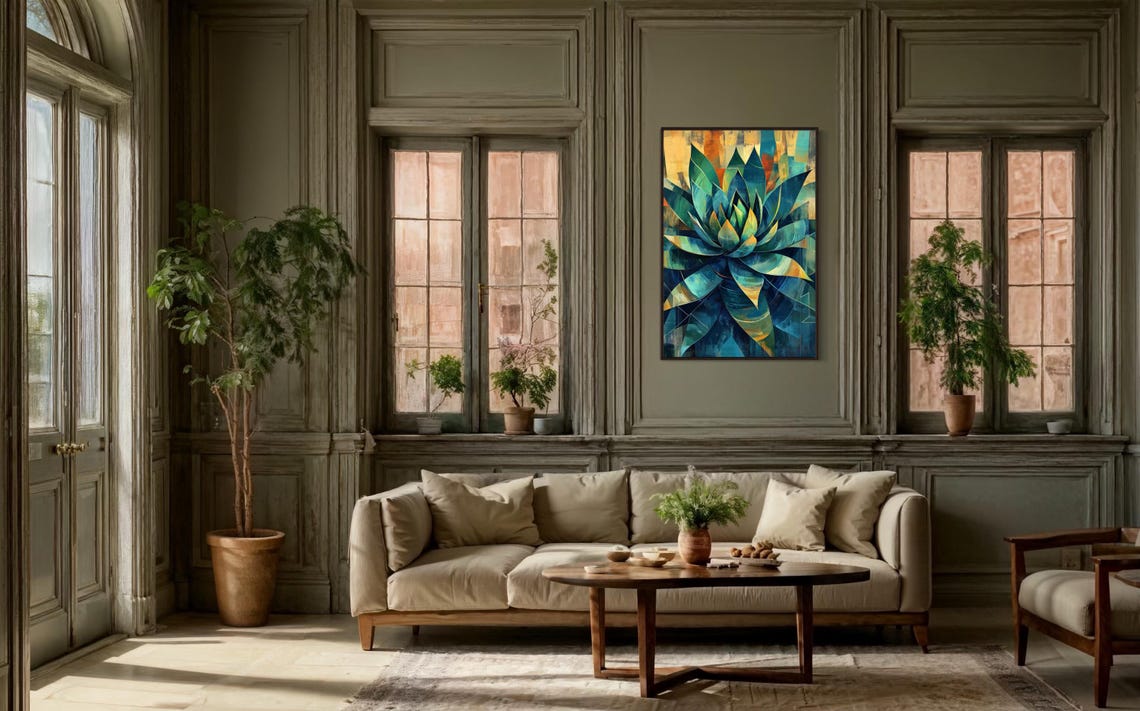 Abstract Agave Wall Art Vibrant Teal Cactus Print With Geometric Succulent Design Desert Inspired Modern Decor And Bold Boho Charm - Image 3