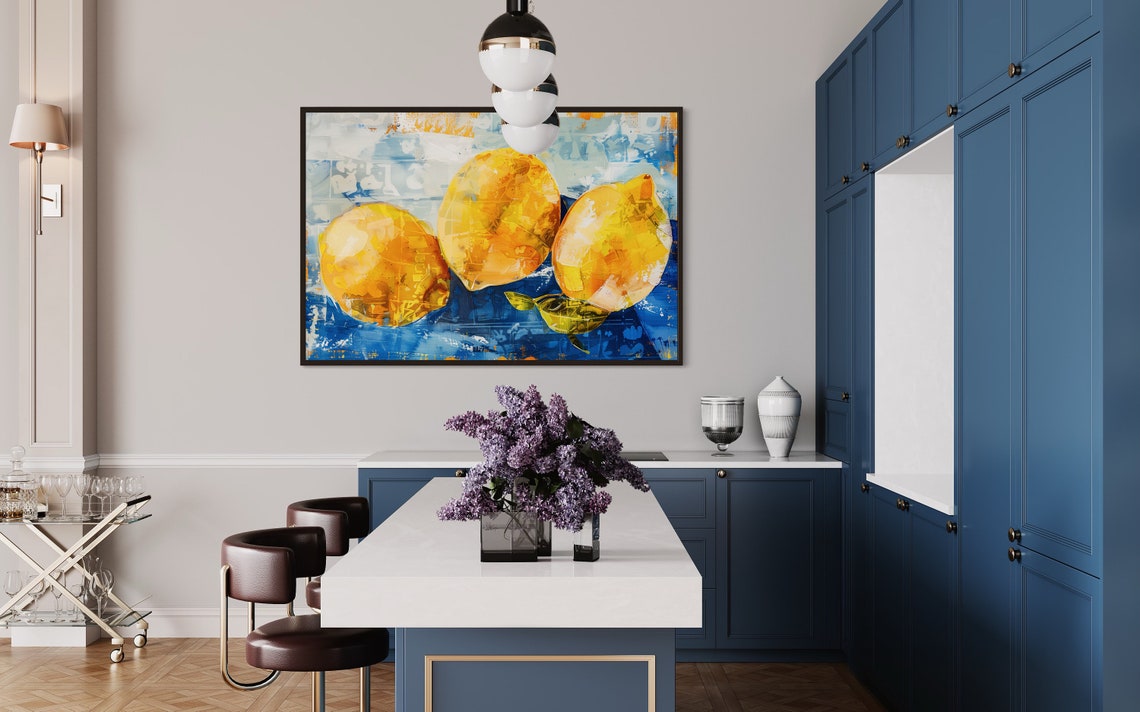 Italian Lemons Fruit Painting On Blue Background Kitchen Art Poster - Image 3