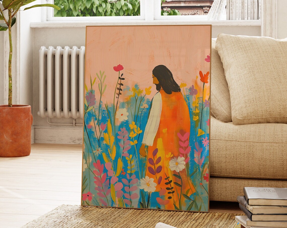 Jesus Among The Flowers Colorful Wildflower Meadow Christian Print