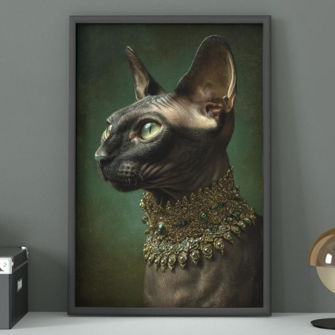Sphynx Cat Baroque Portrait Jeweled Collar Dark Regal Poster