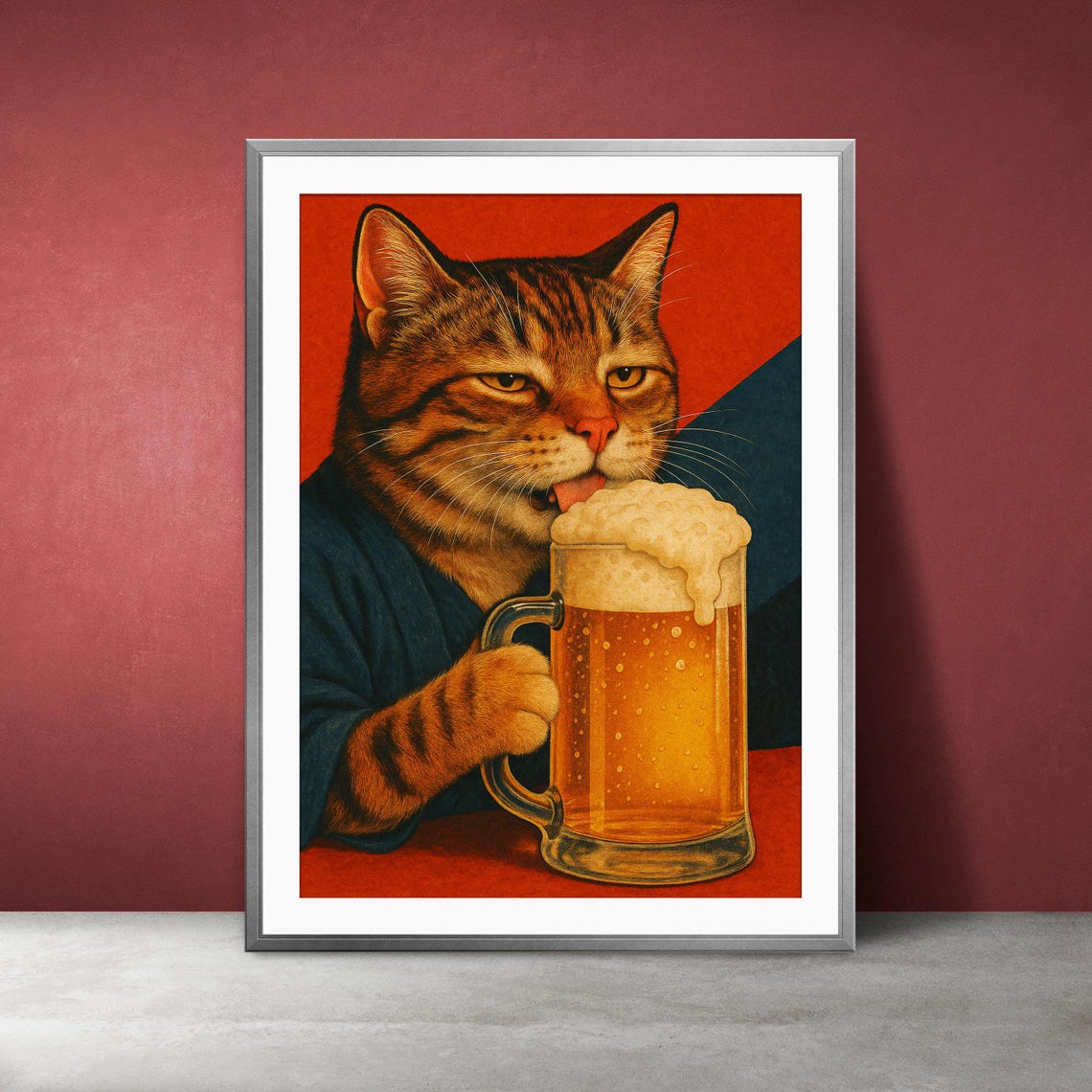 Funny Tabby Cat Drinking Foamy Beer Vintage Pub Humor Art Poster
