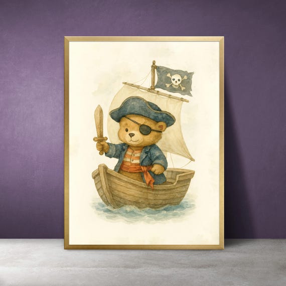 Pirate Bear Nautical Nursery Art Watercolor Sailboat Print