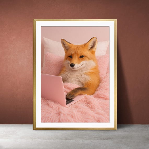 Fox With Pink Laptop Cute Pastel Animal Wall Art Home Office Gamer Room Decor Kawaii Nursery Instant