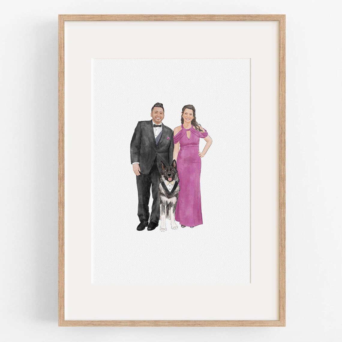 Formal Couple with Dog Watercolor Portrait Family Gift Poster