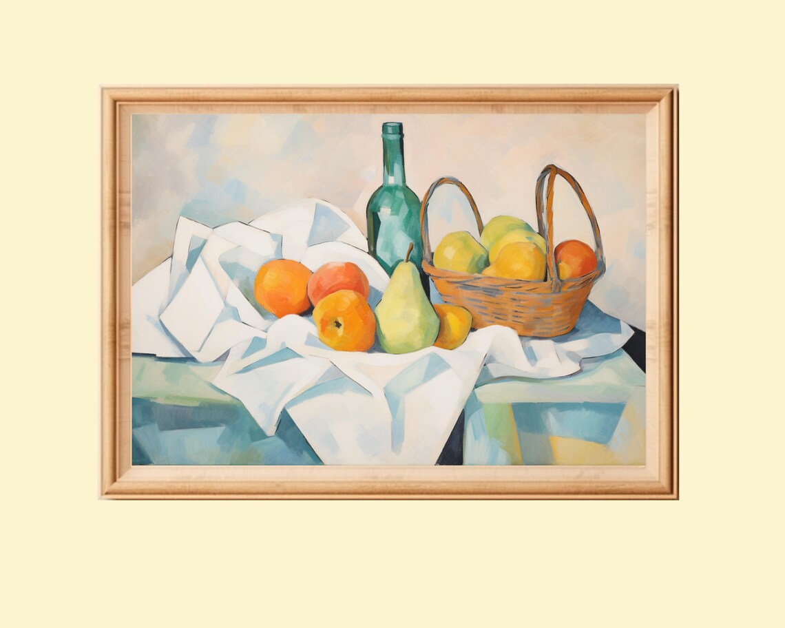 Still Life Fruit Basket and Bottle, Vintage Kitchen Decor