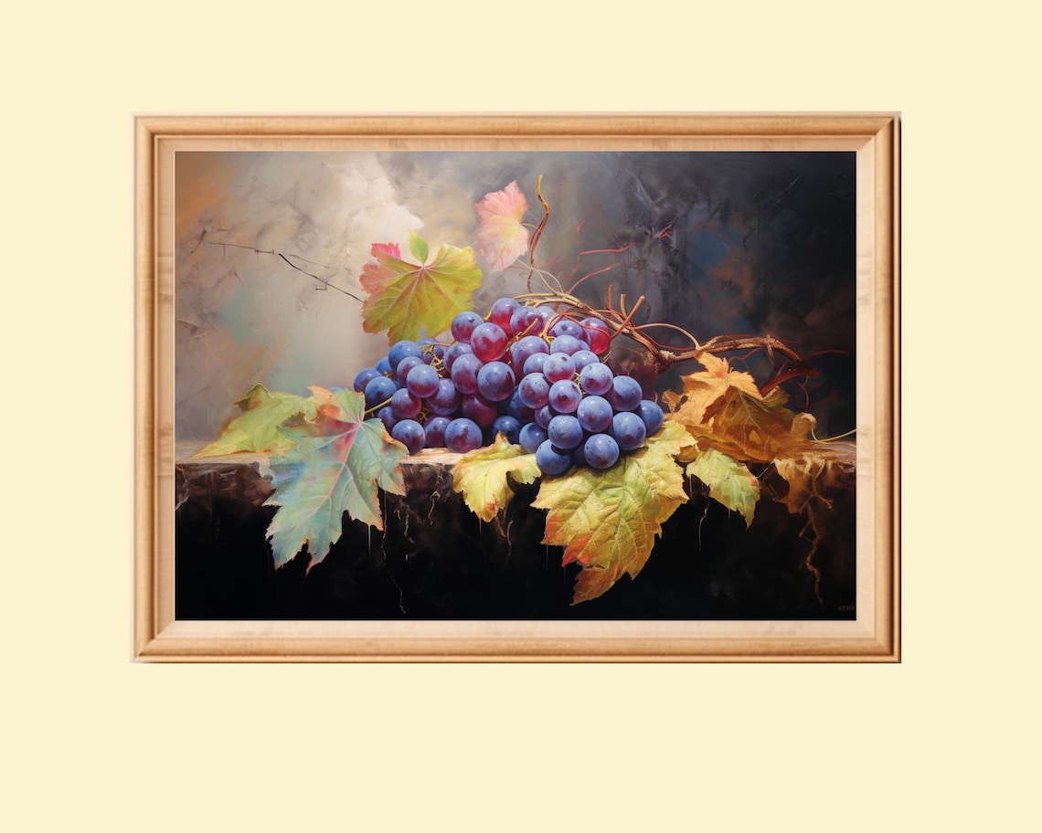 Still Life Painting Grapes, Vintage Kitchen Decor