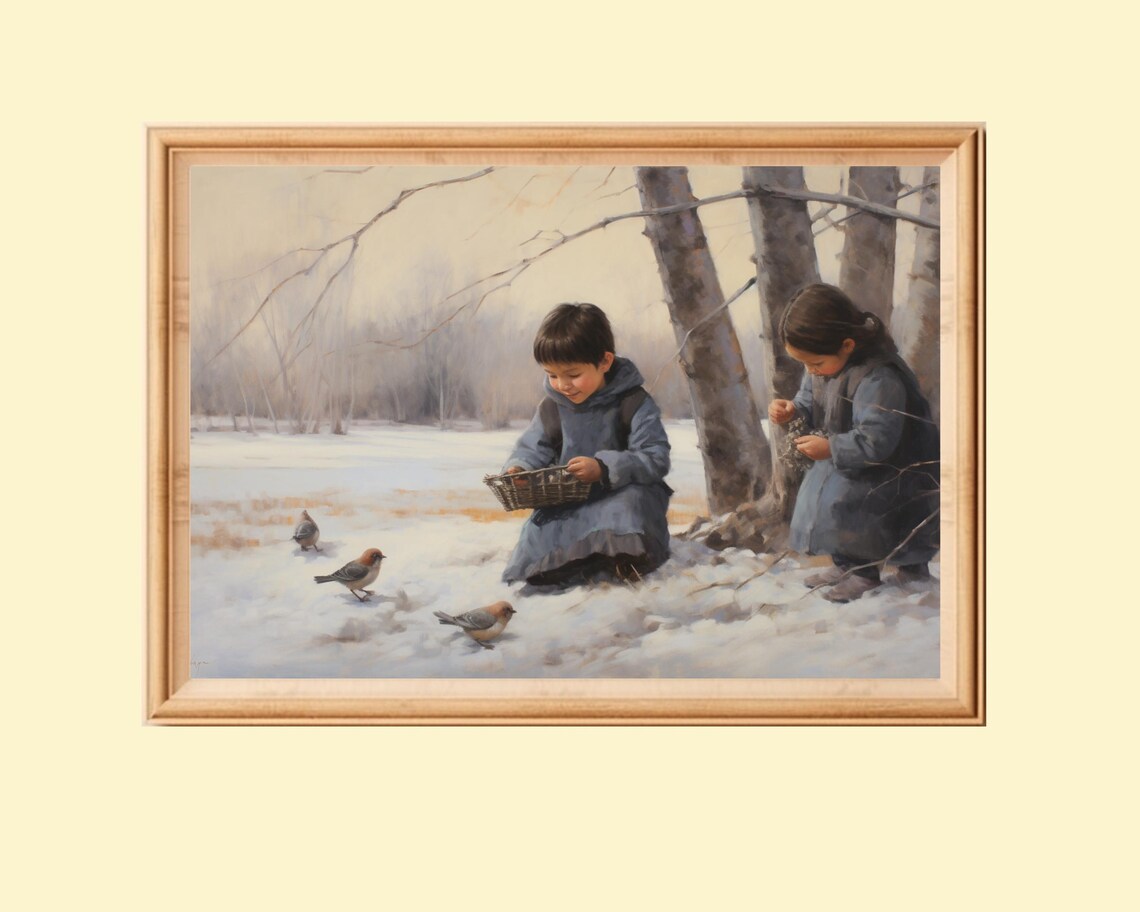 Vintage Winter Landscape, Children Feeding Birds
