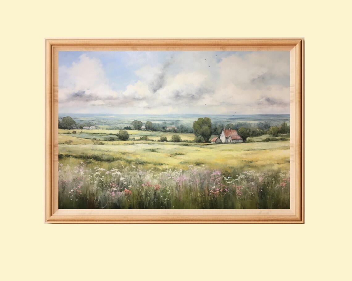 Spring Landscape Painting, Vintage Country Decor