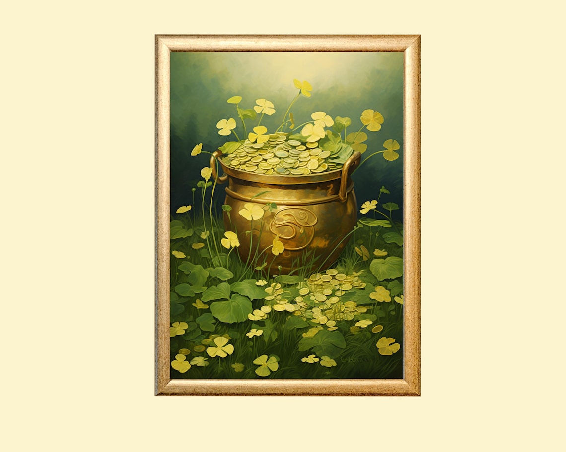 St Patricks Day Pot Of Gold, Rustic Clover Art