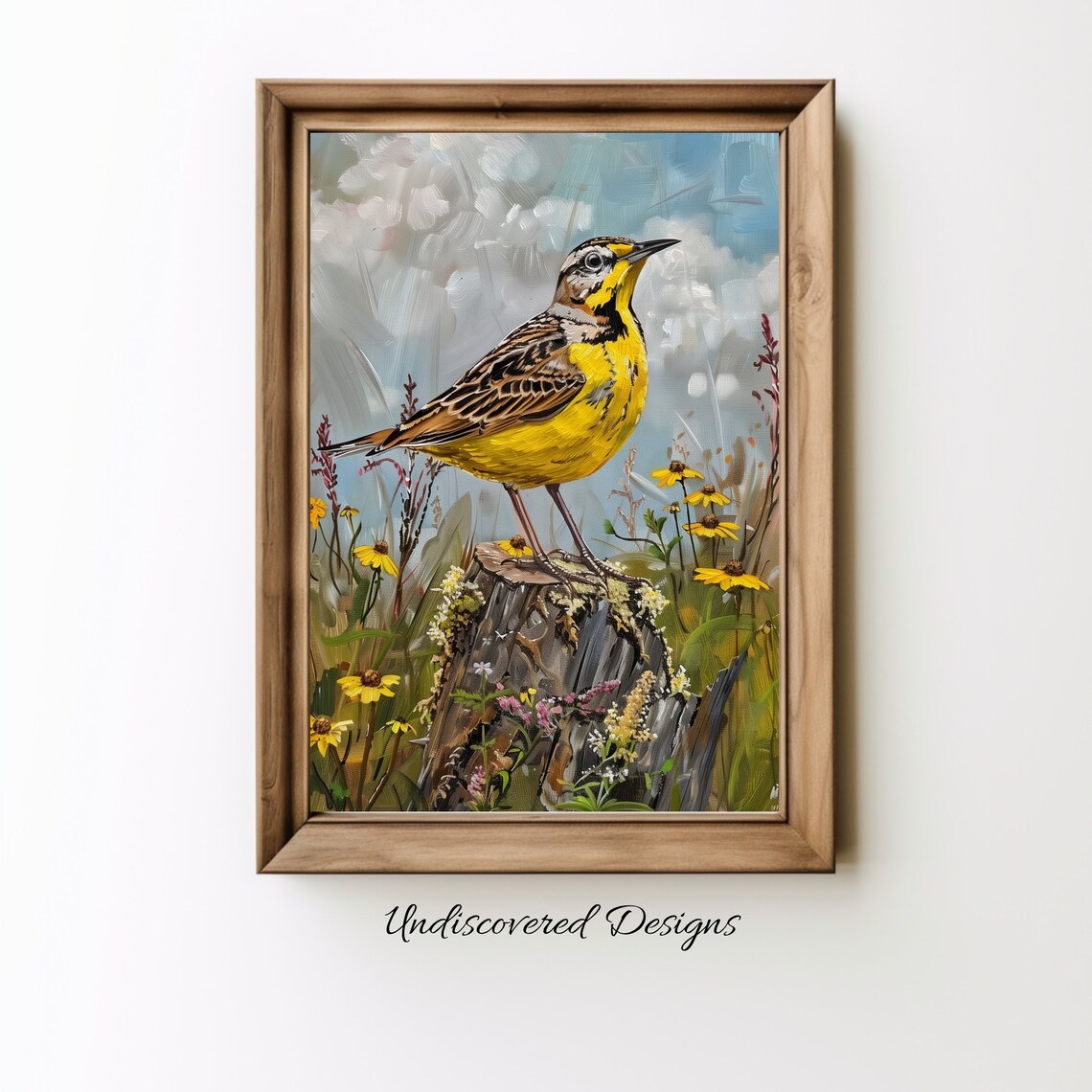 Meadowlark On Stump Wildflowers Vintage Bird Oil Painting Poster