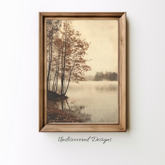 Misty Autumn Lake With Birch Trees Sepia Vintage Landscape Poster