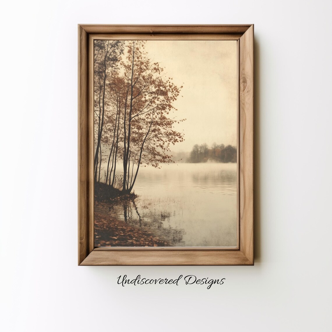 Misty Autumn Lake With Birch Trees Sepia Vintage Landscape Poster