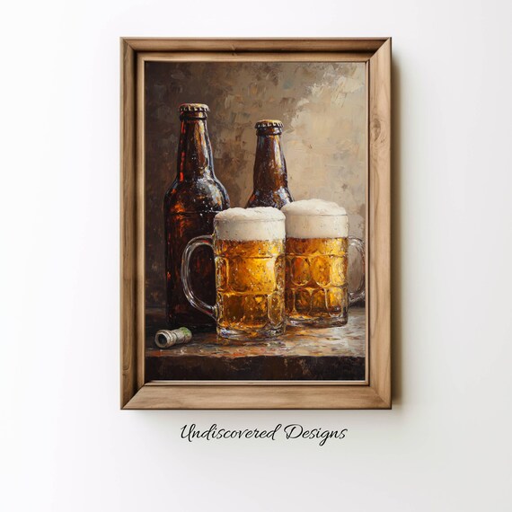 Vintage Beer Mugs and Bottles Poster Rustic Tavern Still Life Art