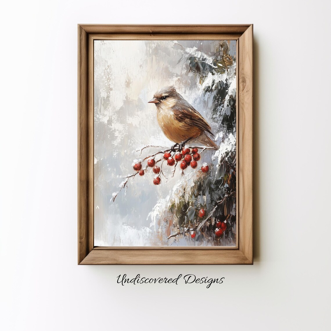 Winter Bird on Snowy Red Berry Branch Oil Painting Decor Poster