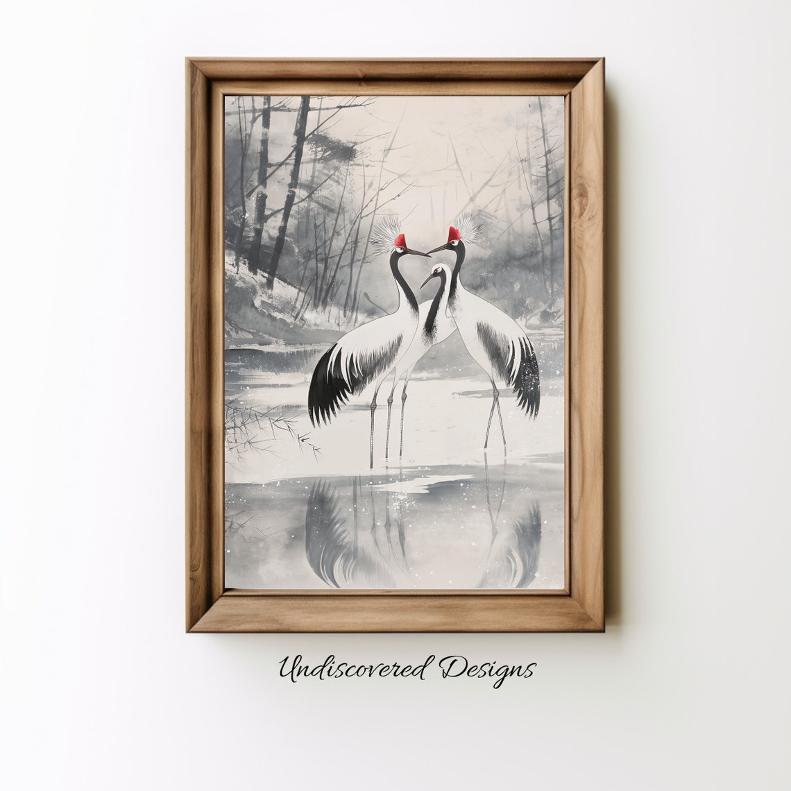 Red Crowned Cranes Winter Ink Painting Japanese Crane Trio Wall Art