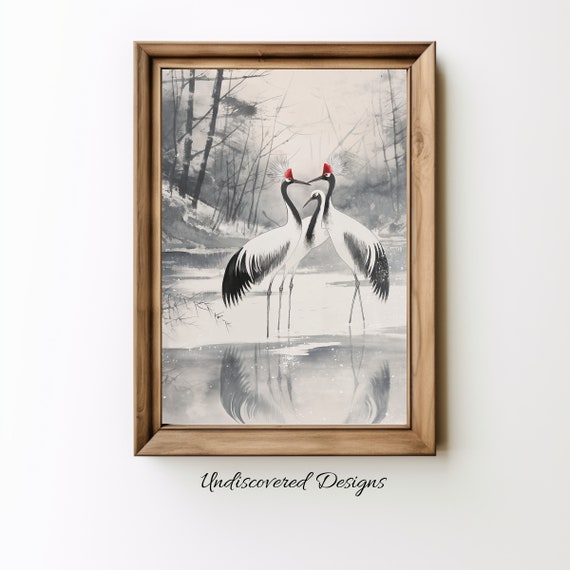 Red Crowned Cranes Winter Ink Painting Japanese Crane Trio Wall Art