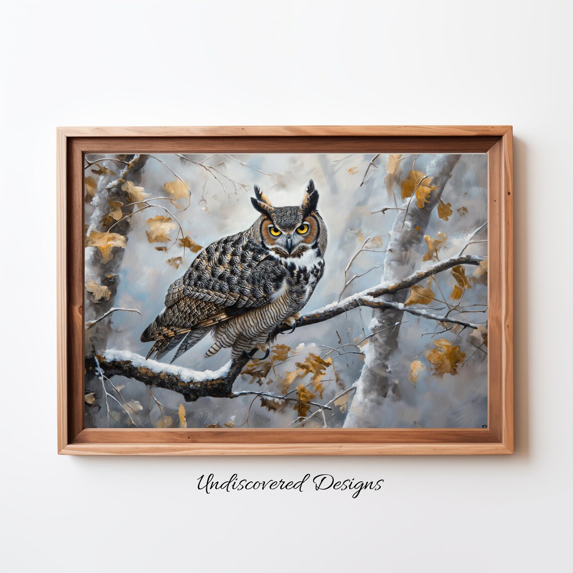 Great Horned Owl Resting On Snowy Winter Branch Wildlife Art Poster